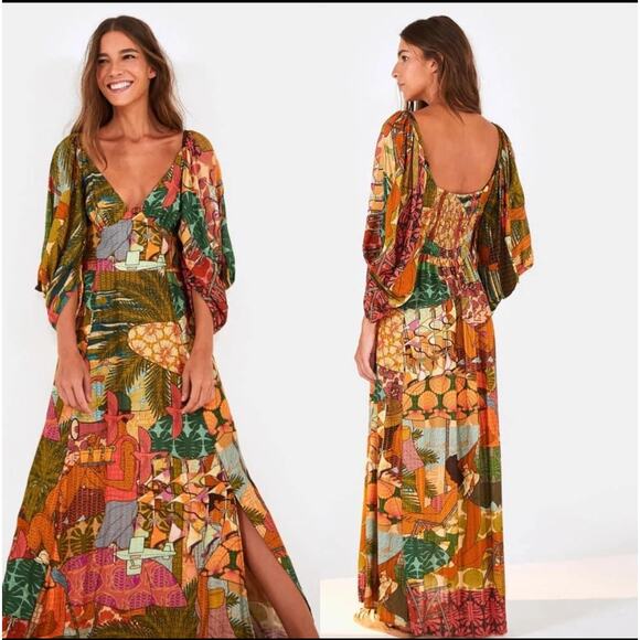 Farm Frio Tropical Print V Neck Maxi Dress Puff Sleeve Split Resort Vacation S